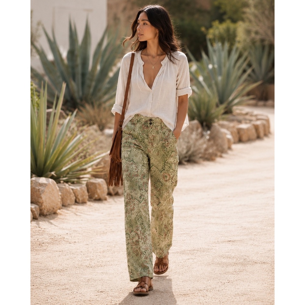 Pilcro Anthropologie The Wanderer Green Floral Paisley Pants 31 Boho Straight